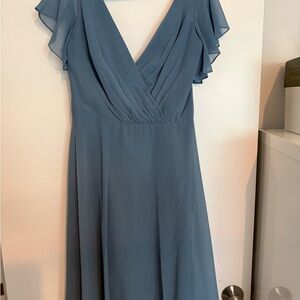 David’s Bridal Flutter Sleeve Short Dress in Steel Blue